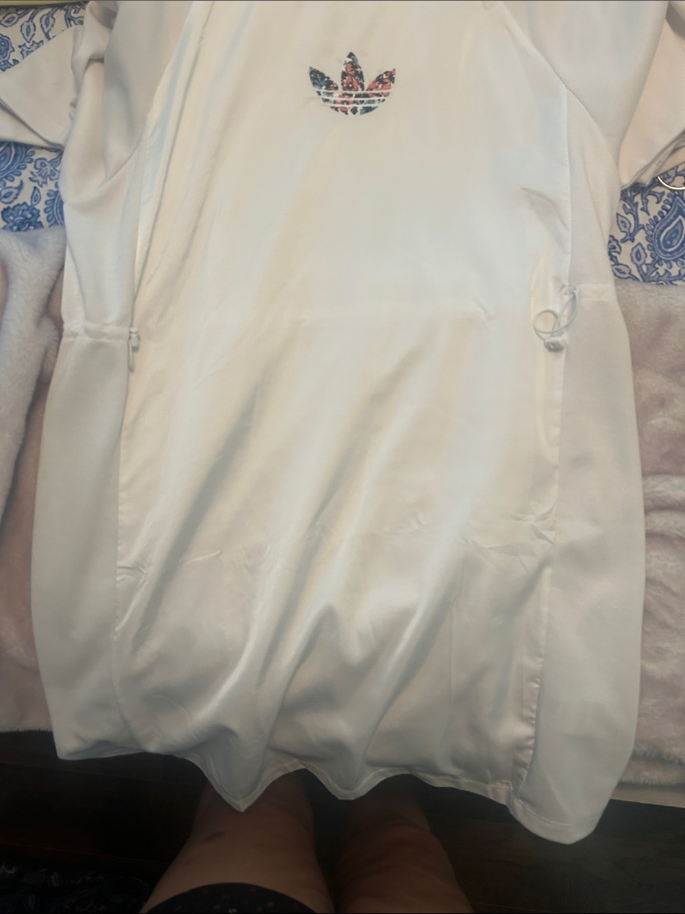 adidas White Hooded Pullover with Floral Trefoil